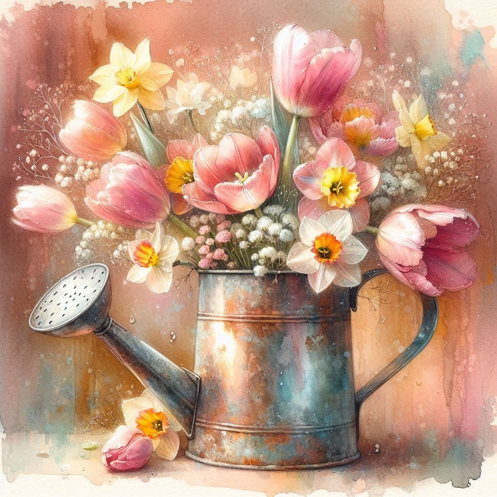 Spring Flowers in Watering Can