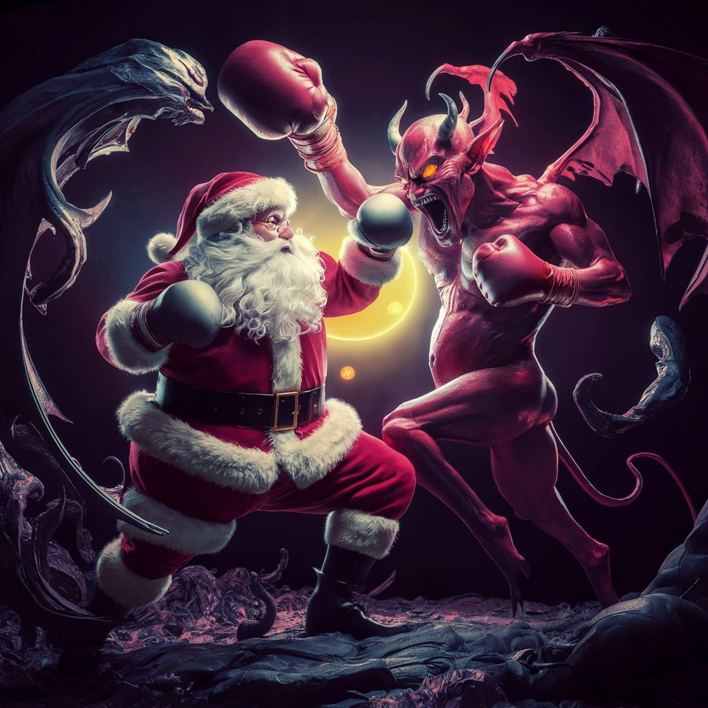 Santa Claus vs Demon Boxing Match in Art Nouveau Style
