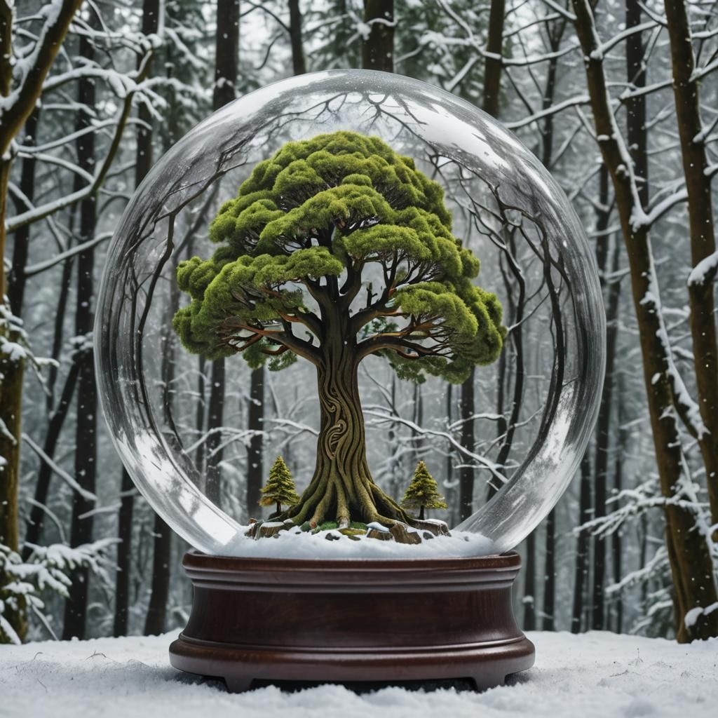 HD color photography Yggdrasil, the world tree inside a snow globe summer forest background
  by @Yannick Chevallier