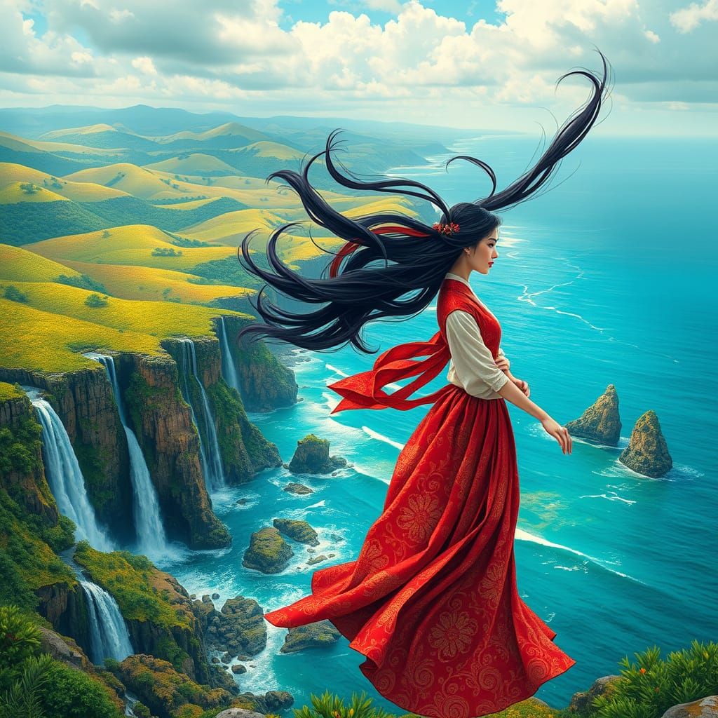 Whimsical Tapestry Landscape with Floating Korean Girls