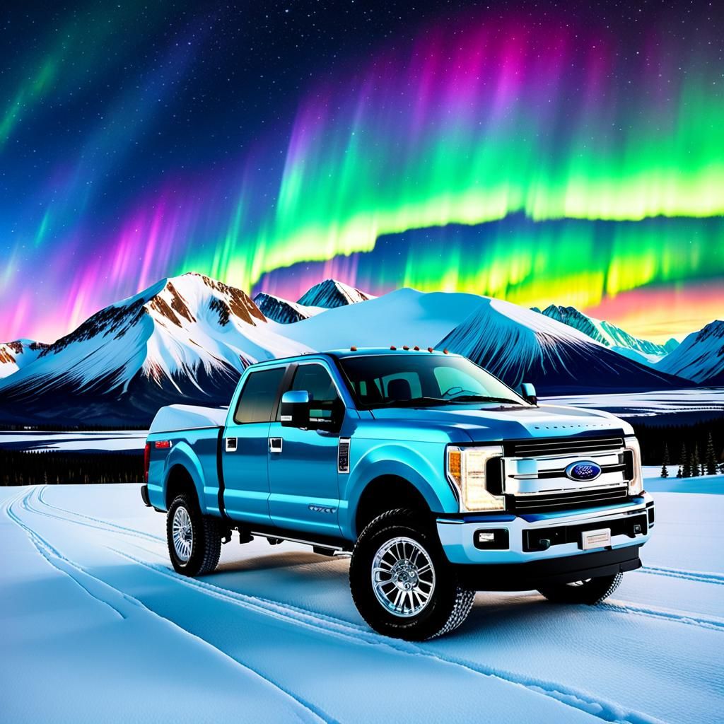 Artic expedition Ford F-250, snowcapped mountains in backgro...