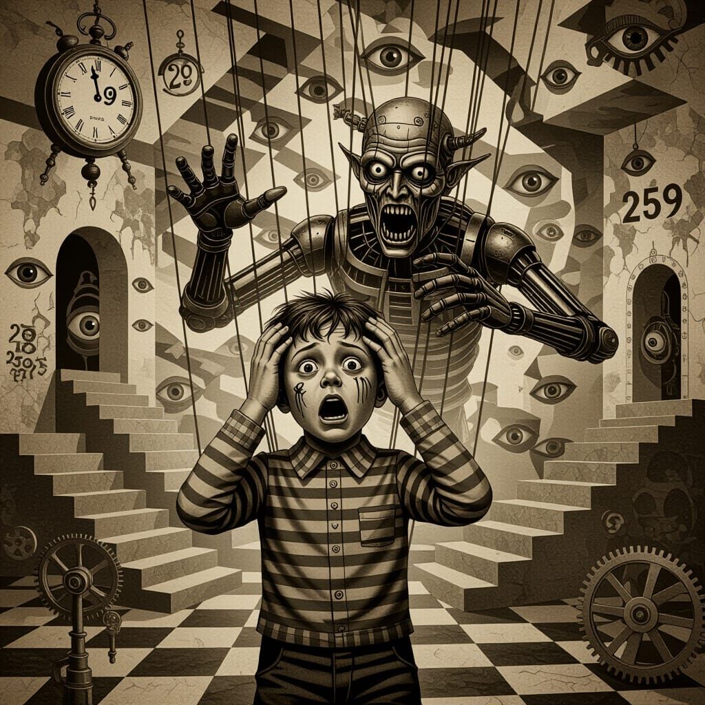 A surreal, grotesque artwork featuring a terrified human boy as a puppet, suspended by tangled strings forming fractal patterns. The puppet ...