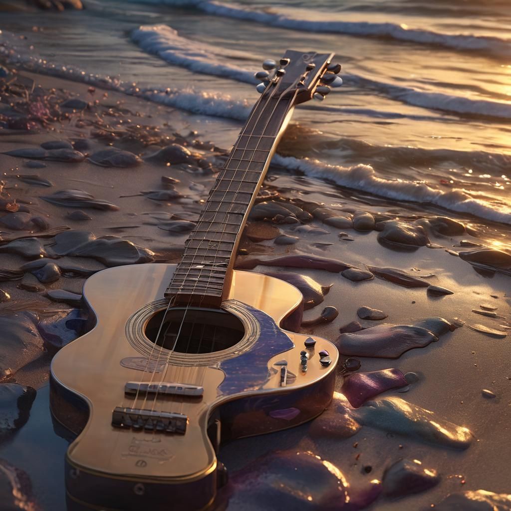 Guitar Reflecting Seascape at Sunrise: Fantasy Concept Art