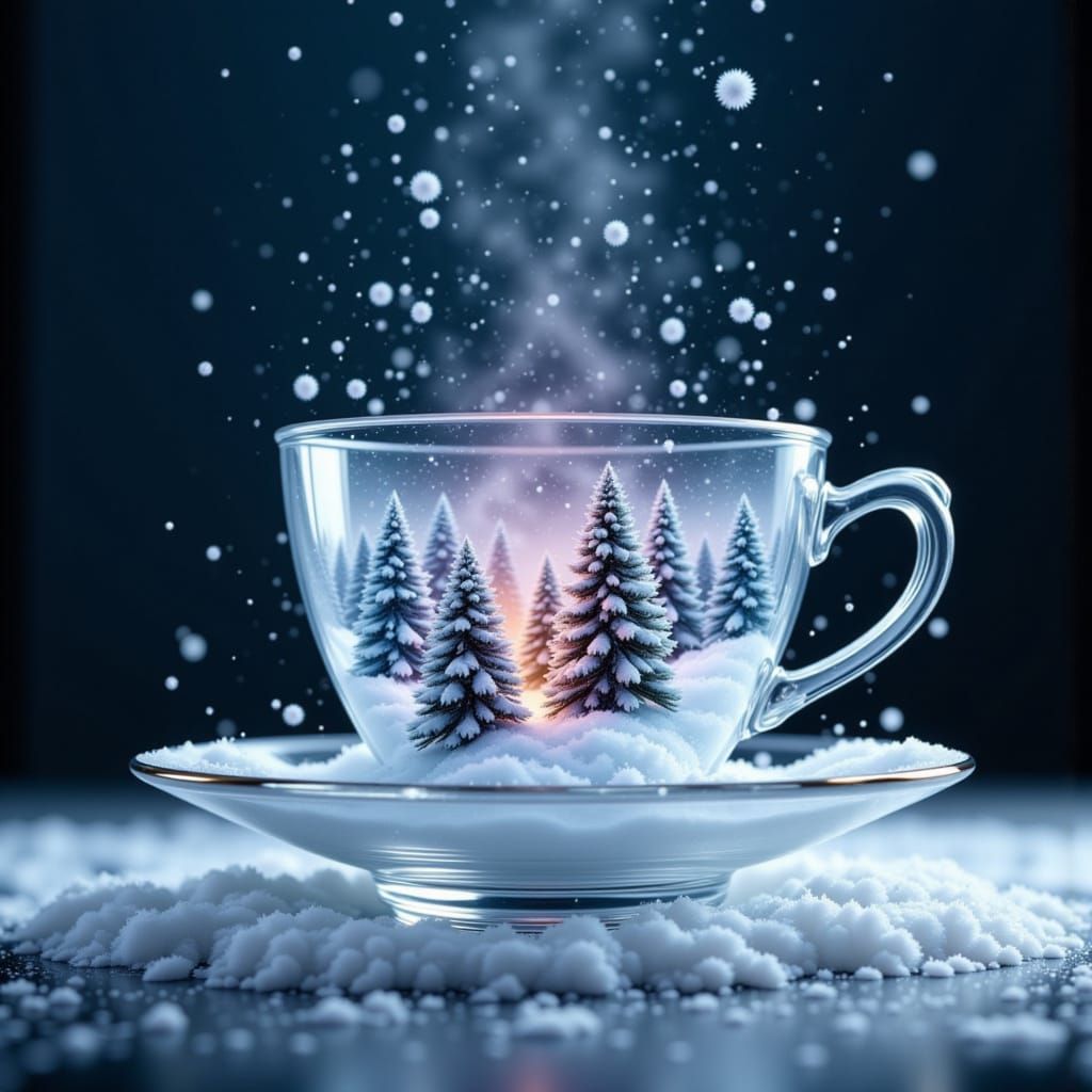 <lora:LS Double Exposure:1.0> A hyperrealistic studio composition where a pristine glass teacup rests on a matte slate-gray surface, its del...