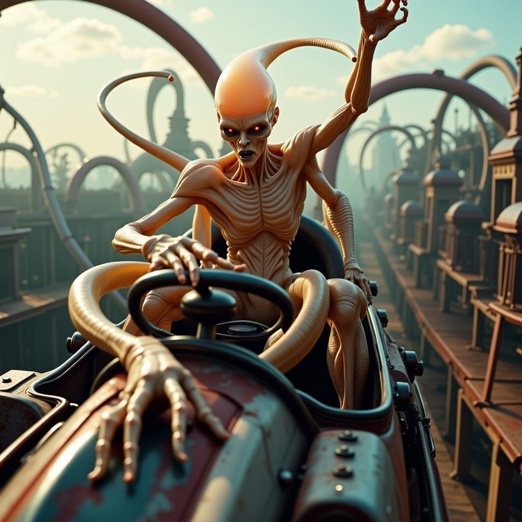 A perfect candid photograph of a transparent glowing xenomorph alien ghost riding a roller coaster in an abandoned theme park. HD DSLR sharp...