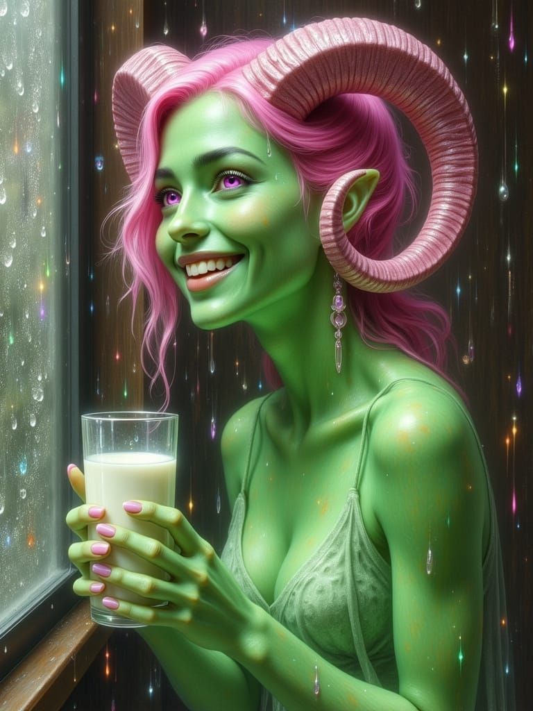 <lora:Dreamy Enchantment:1.0> <lora:Exquisite Flux:1.0> <lora:Ram horns:1.0> A beautiful green skinned woman with pink hair, pink and purple...