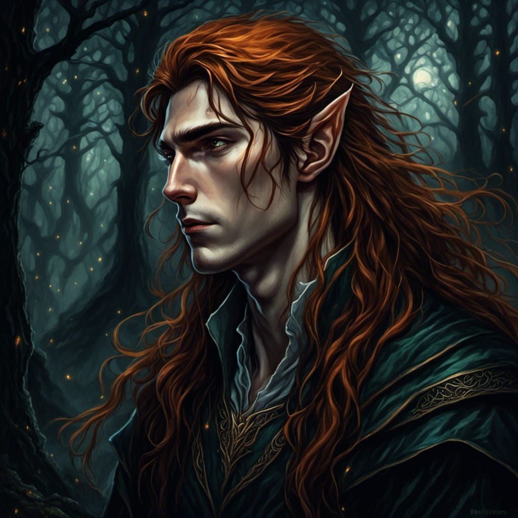 Portrait of a young elf male with long ginger flowing hair, dark sky ...