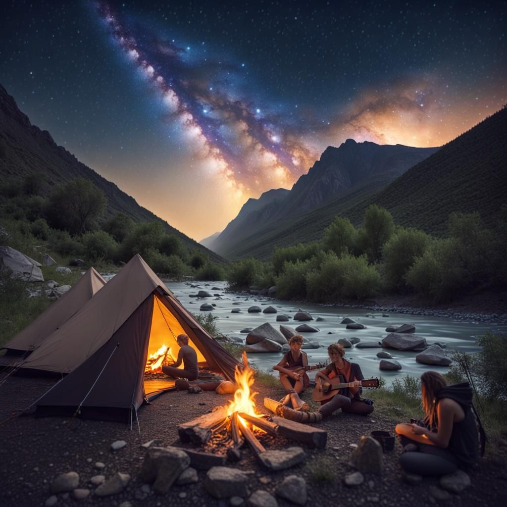 Superb campsite with tents on the edge of a mountain river, starry sky ...