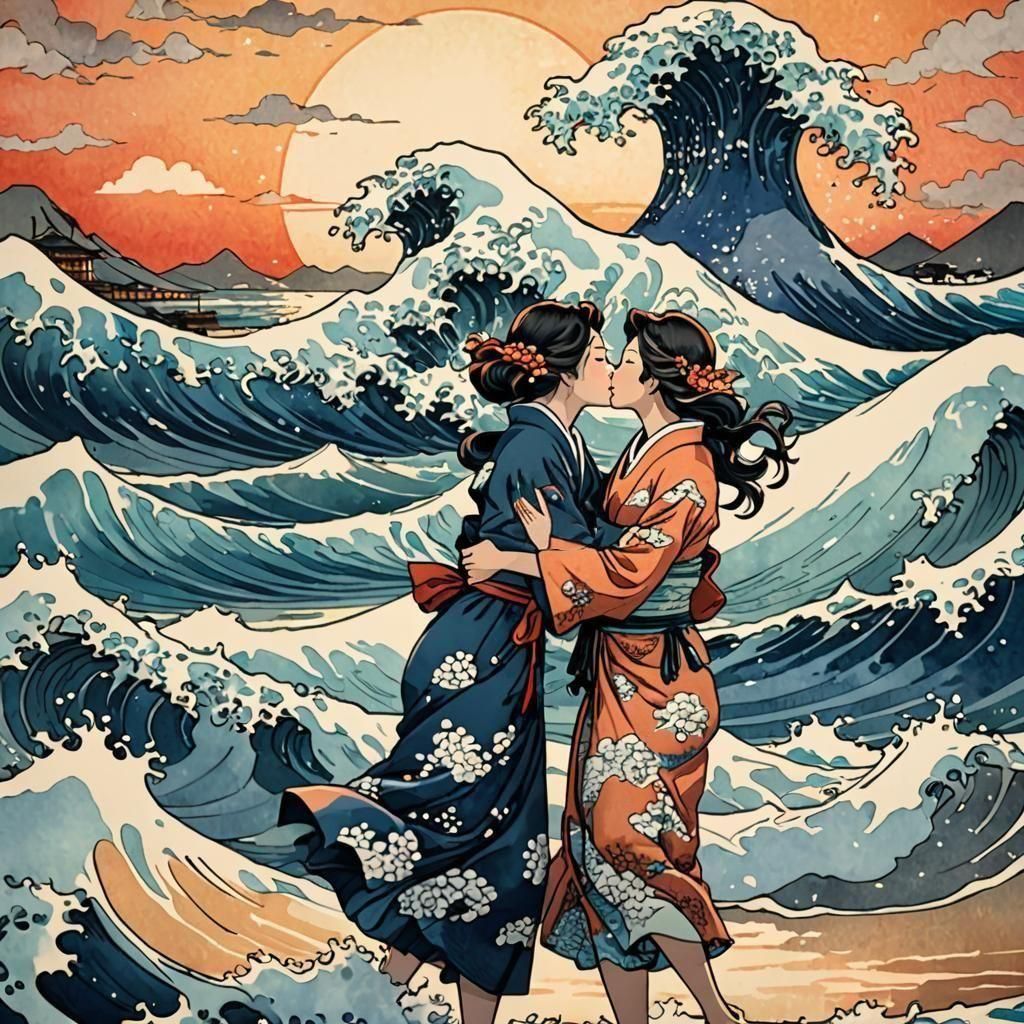 Ukiyo-e, waves, spirals , sunset, two girls kissing, realistic incredible composition; dynamic lighting; meticulously composed concept art,...
