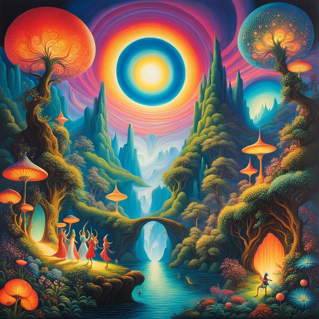 a vibrant and mystical painting that features elves and fair...