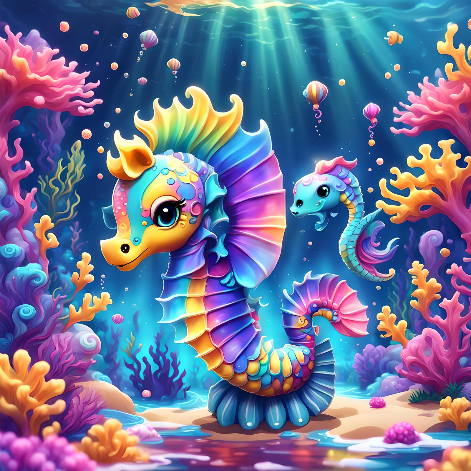 Cute chibi seahorse in the ocean Lisa frank style