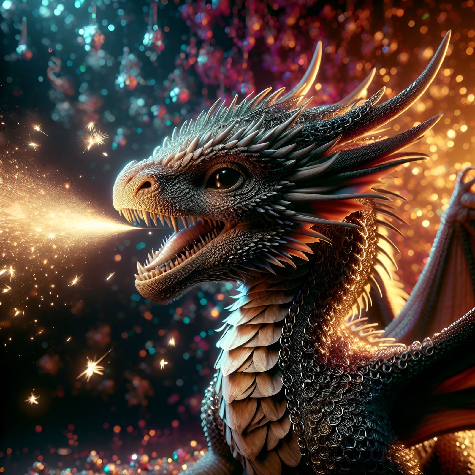 Chain Mail Dragon Breathing Fire in Concept Art Style