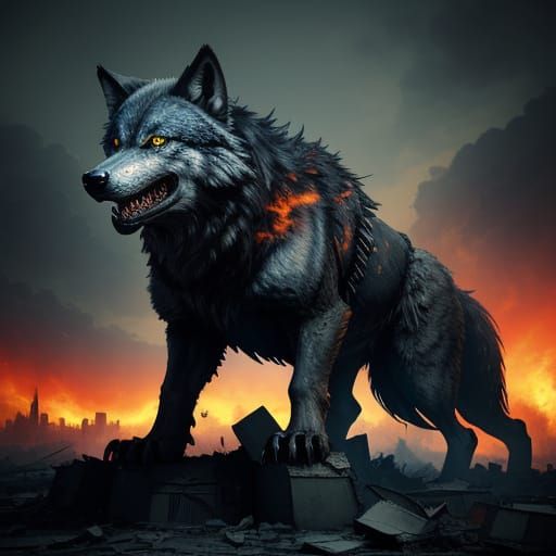 Fantasy Wolf Devours Fighter Jet in Ruined City