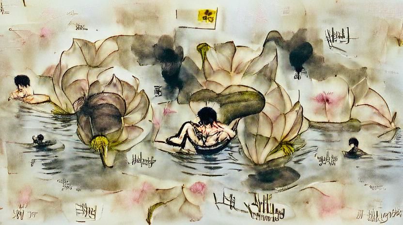 Nude Man on Lotus Flower: Watercolor Ink Painting