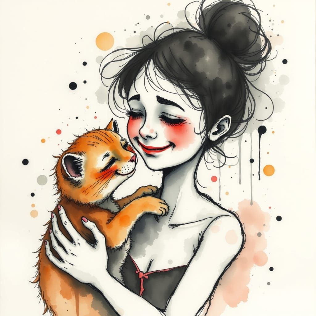 smiling woman in the style of <lora:Quirky People:1.0> holding kitten, emotional messy watercolor inkdrop 