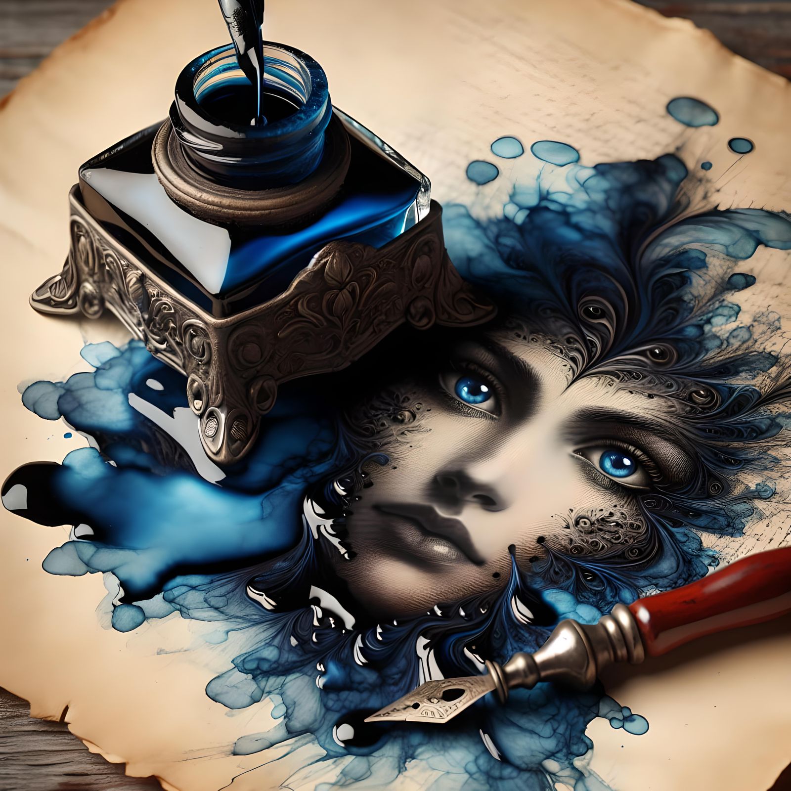 Portrait in blue ink