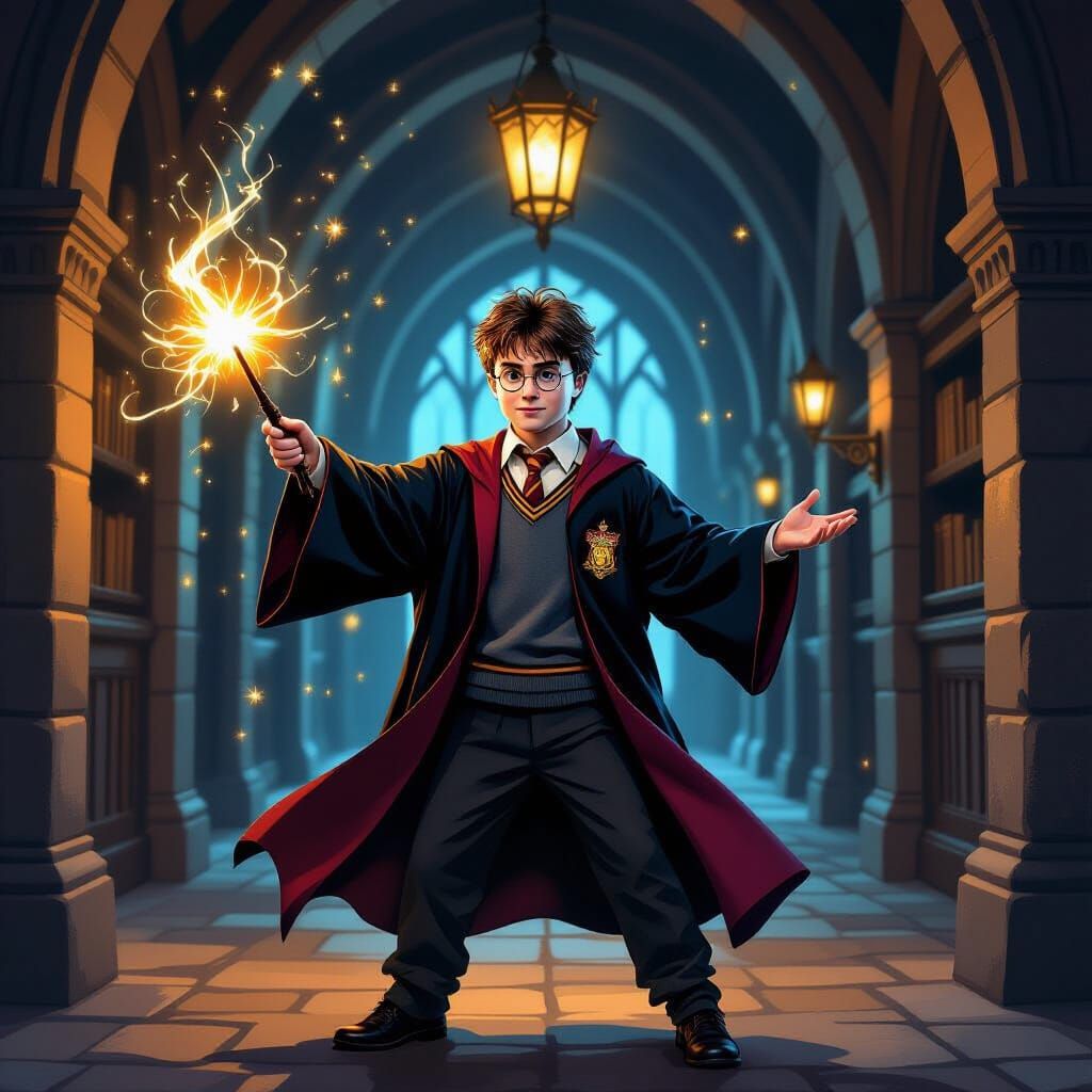 Harry Potter Conjures Lumos Spell in Hogwarts Corridor