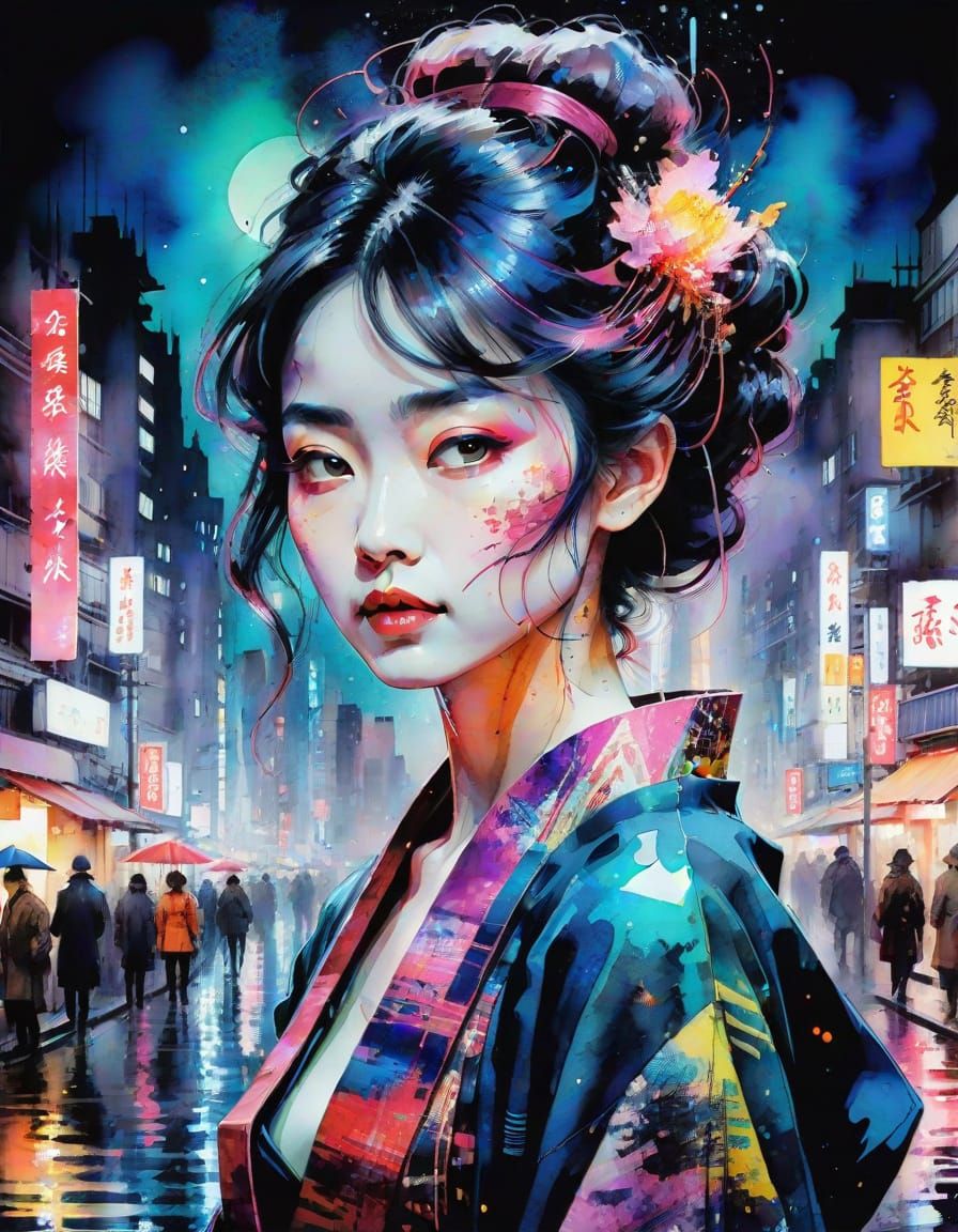 Glowing Avant-Garde Portrait of a Japanese Muse in a Futuris...