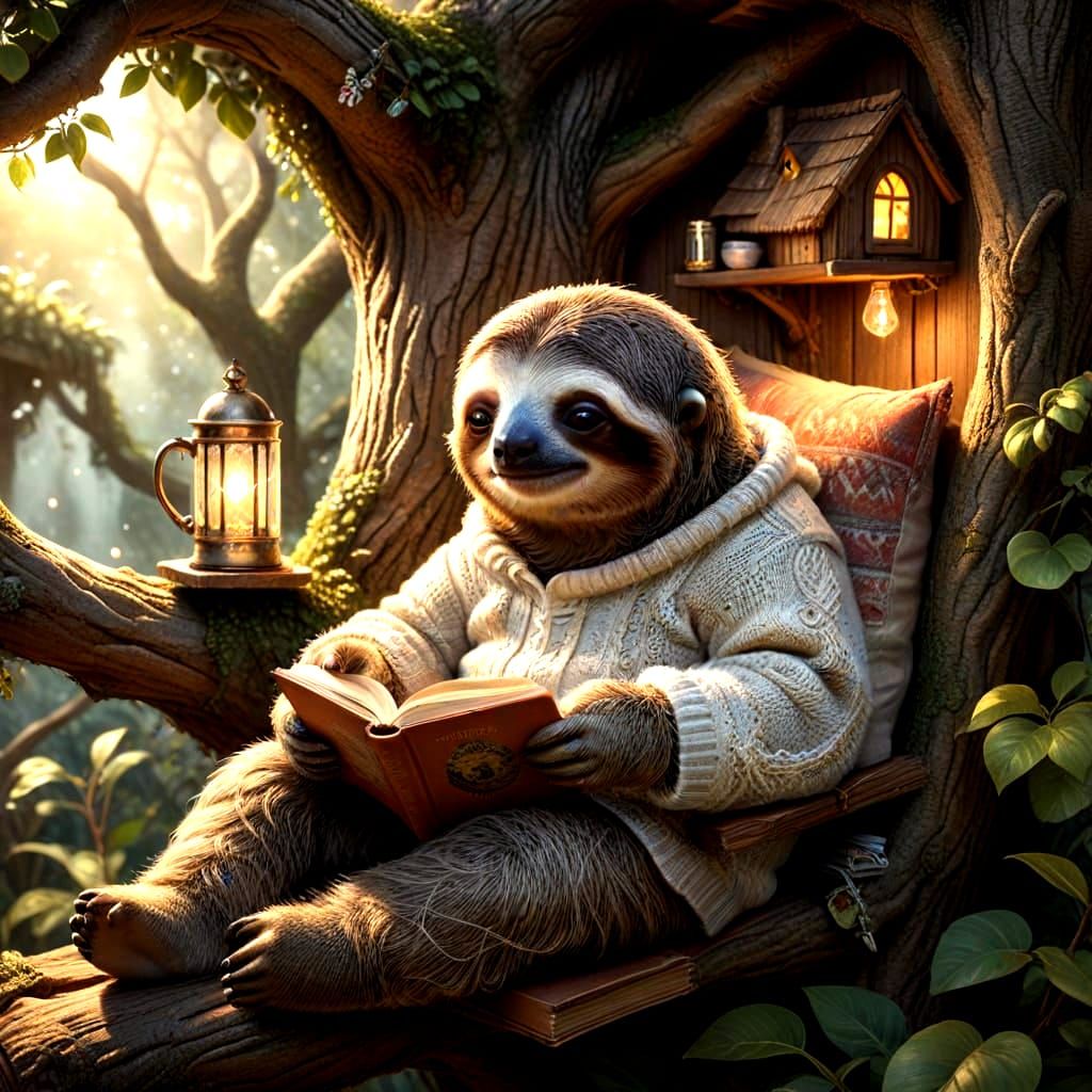 A cozy, anthropomorphic sloth wearing a knitted sweater and reading a book.  by @Suz