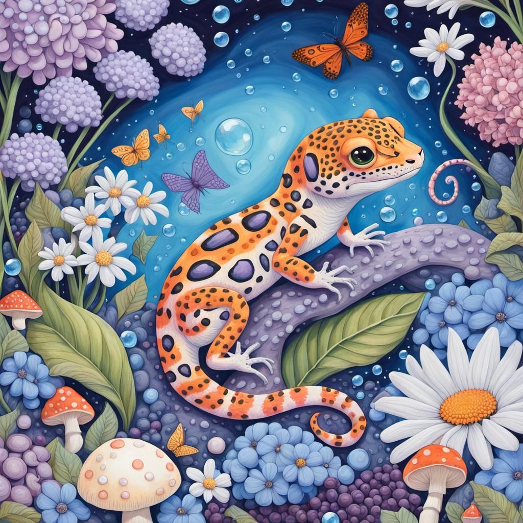 Leopard Gecko's Candyland Wonderland in Gouache Style