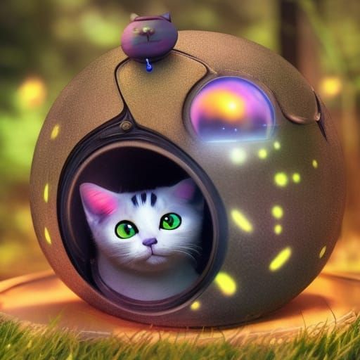 cute cat-robot pet on stargazing platform with rotating sphe...