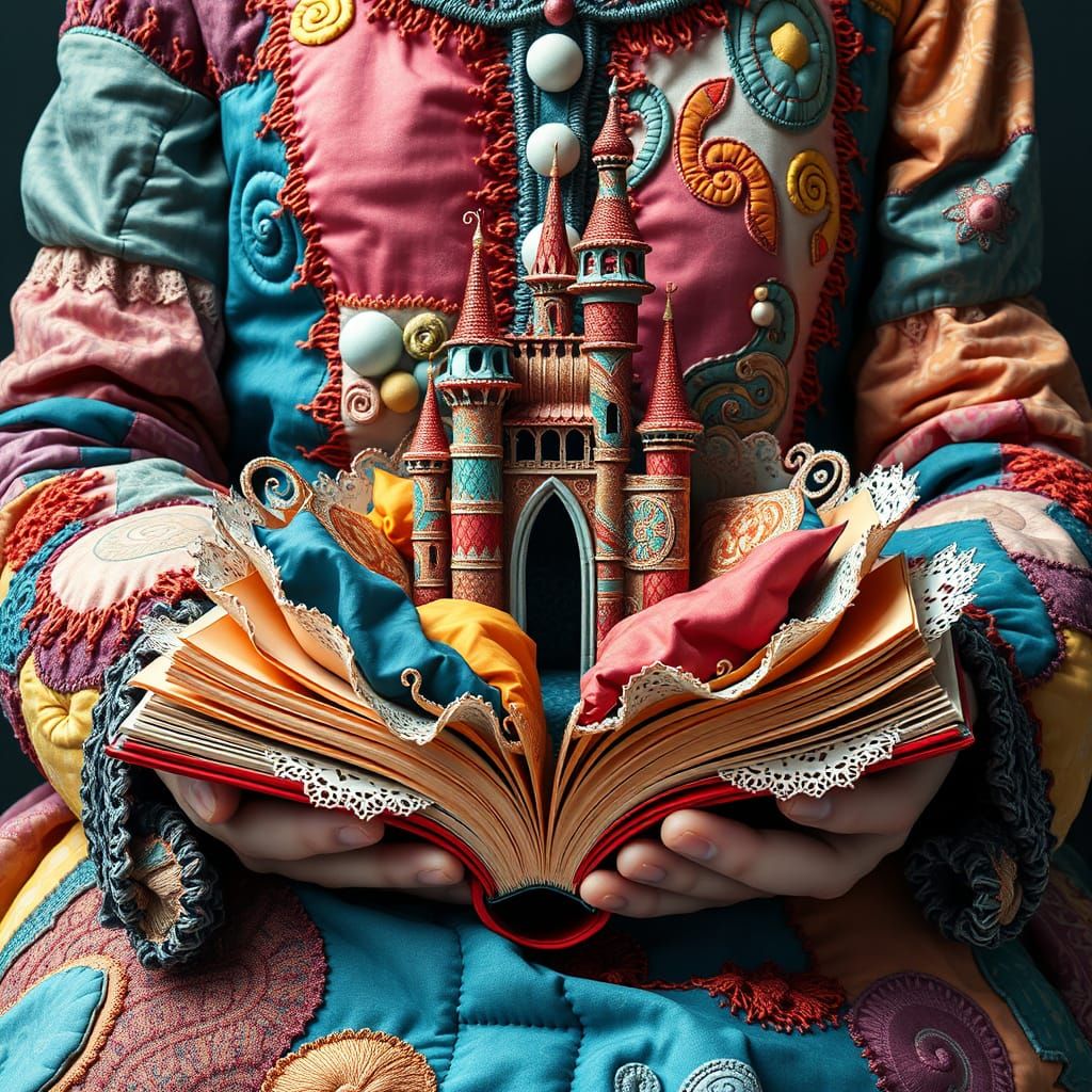 On a patchwork garment surrounded by multi-colored fabric pillows lies an open book made entirely of ...  by @Schoor