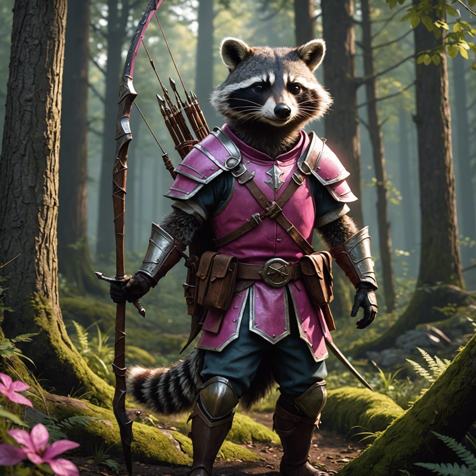 A sneaky medieval raccoon wearing pink leather armor wieldin...