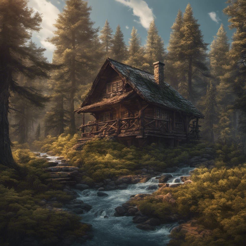 Cabin in the woods surrounded by pine trees and there is a stream flowing near the cabin  by @Short but tall