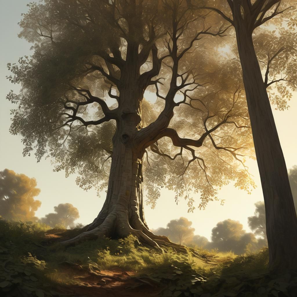 Tree, vegetation, sun. Giorgio Morandi. volumetric lighting detailed matte painting color corrected beautiful back lit