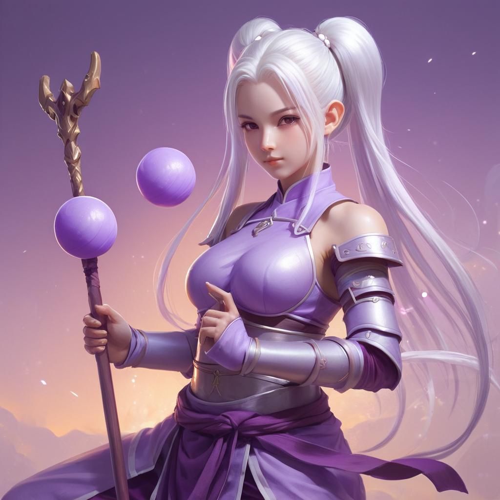 long white hair, buns, anime style, full purple midriff armor, floating purple balls, holding staff, portrait, cute, monk