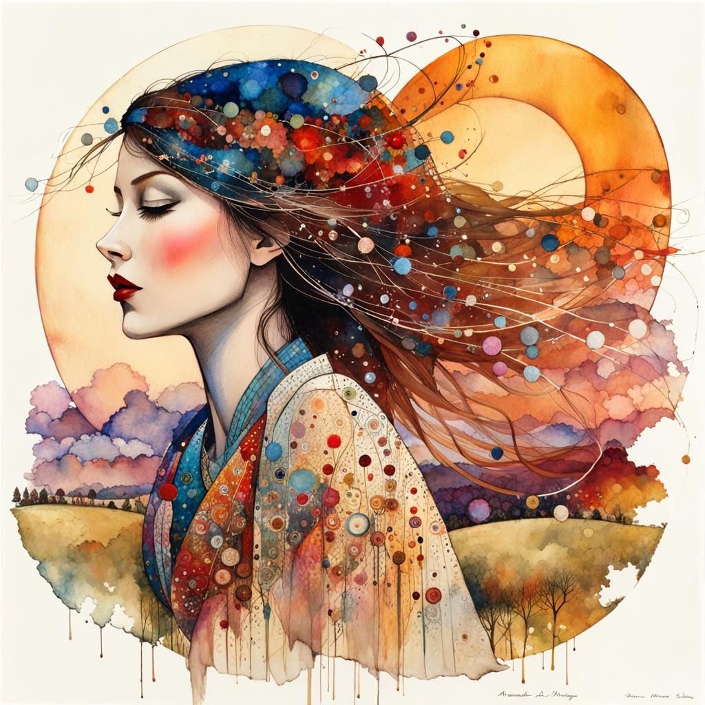 A girl on a hill, windy summer evening in art brut style by Richard Burlet, Amanda Sage, Benjamin Lacombe, Carne Griffit...