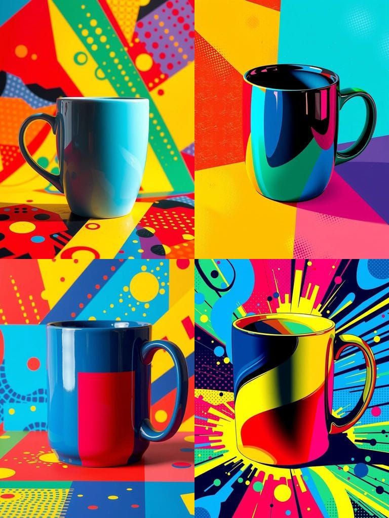 A vibrant pop-art representation of a coffee mug in the style of posterization. The design features bold acrylic paint s...