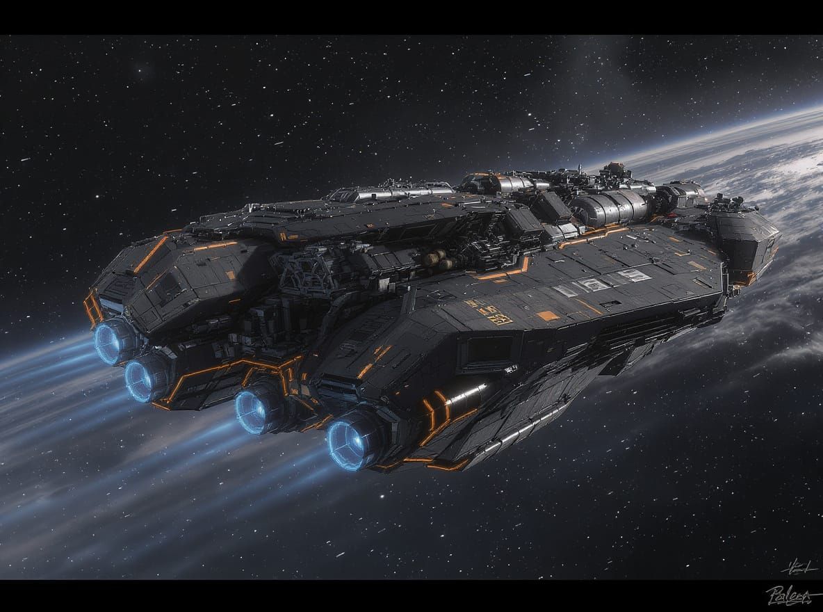  Medium shot, detailed view of a large, boxy, industrial spaceship featuring intricate paneling and visible blue exhaust ports. The spacecra...