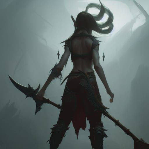Female elf, back, holding one-handed axe