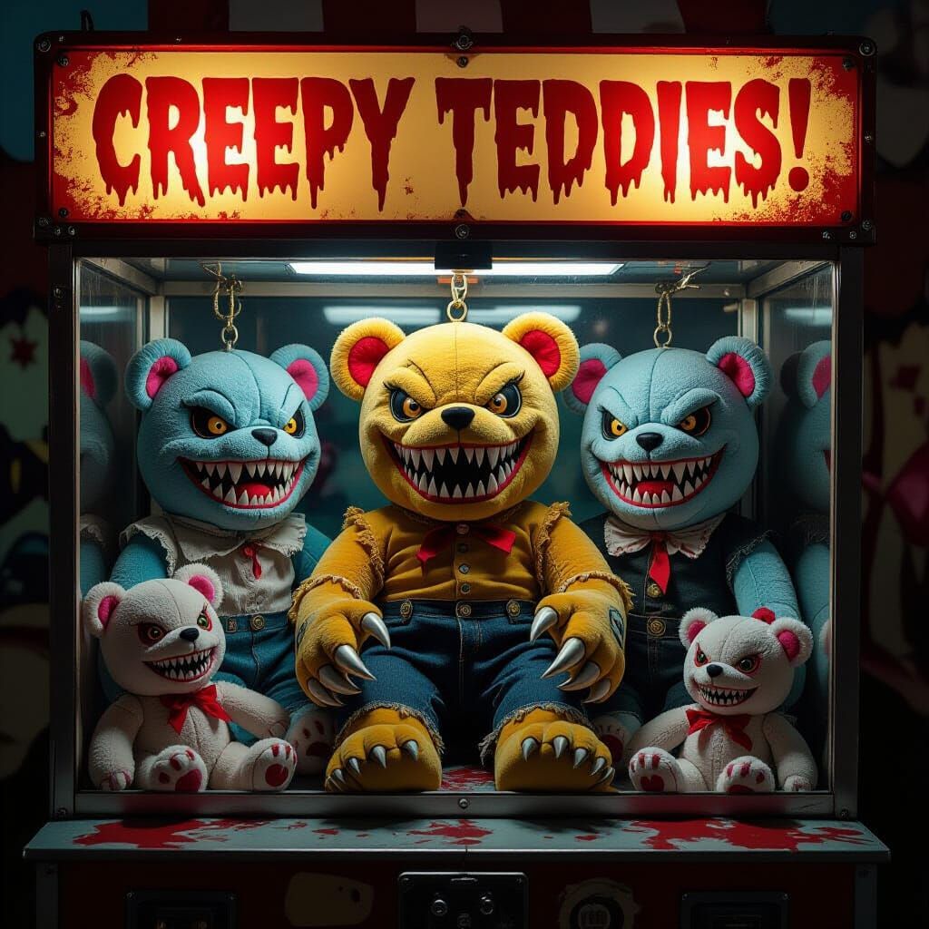 A carnival claw machine filled with sinister nightmare fuel stuffed creatures with fangs and claws, words ...  by @Ella Smith