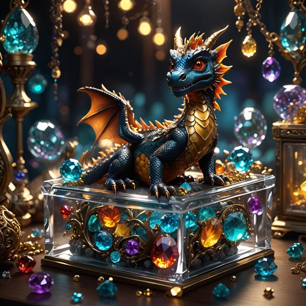 A cute miniature baby dragon sitting on a glass jewelry box