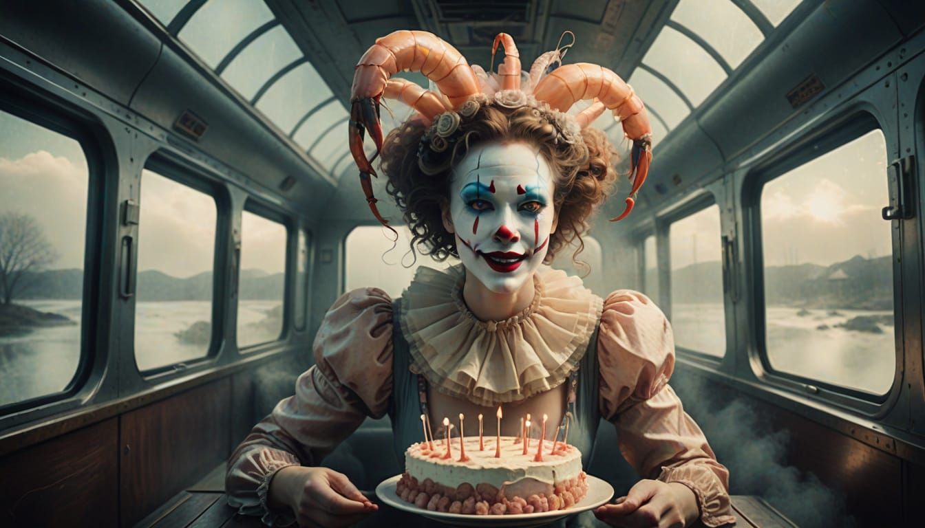 ULKNUDEL LADY CLOWN SMILES POSING WITH HER BIRTHDAY CAKE