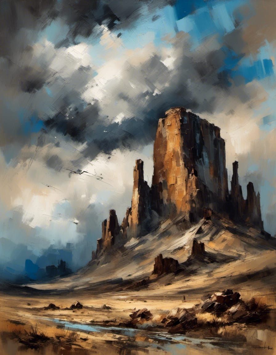 painting wild western scenery dramatic distant wind-carved buttes on the horizon, blue shadows, heavy stormy clouds in dramatic skies in bl...