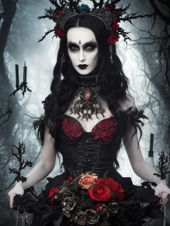 A woman wearing a Gothic Witches Crown; Holding a Gothic wedding Cake ...