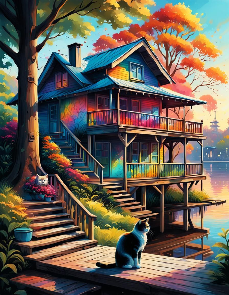 Wooden house, lakeside, beautiful, trees, sunrise, morning, ...