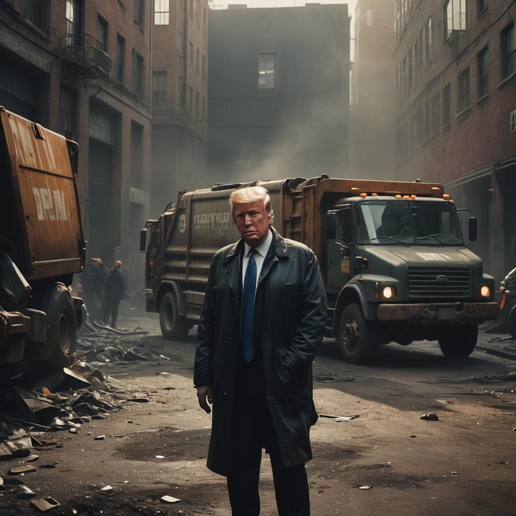 Trump Emerges From Behind Garbage Truck in Cinematic Style
