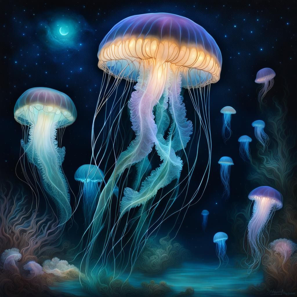 Magnificent Jellyfish at night bioluminescent, Surreal, ethereal ...