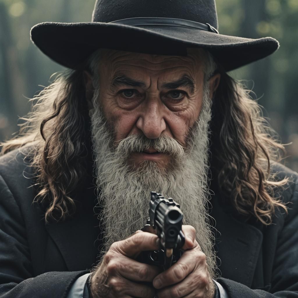Intense Rabbi with Gun: Cinematic Film Still
