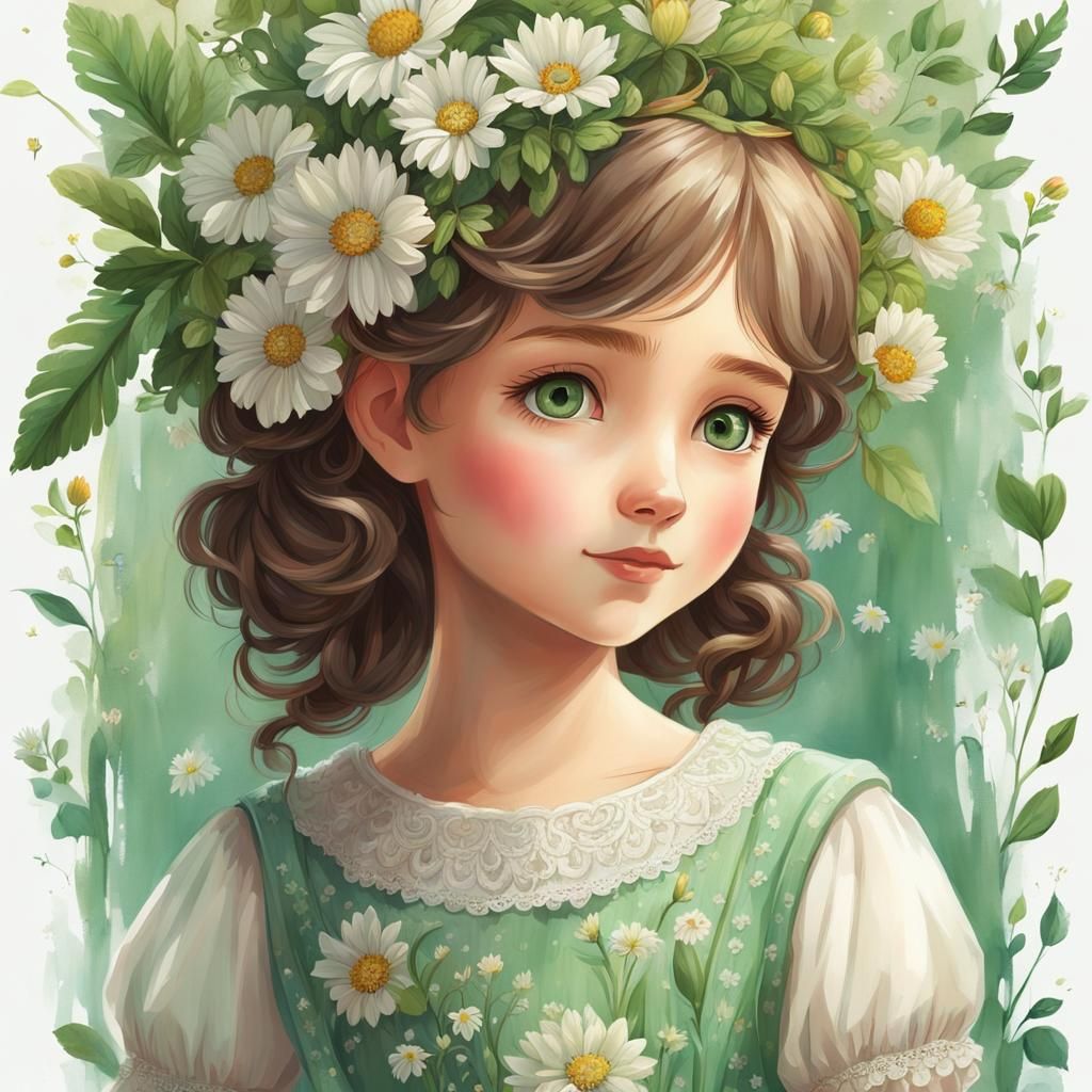 illustration of a young girl with green eyes and dresses, sh...