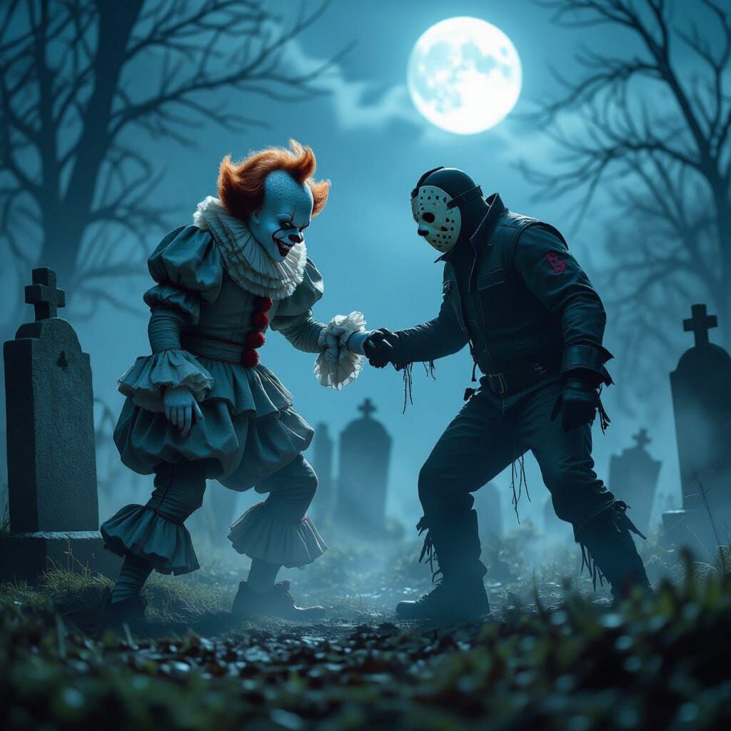 Pennywise the Clown and Jason vorhees battling in a abandoned graveyard under a full moon.