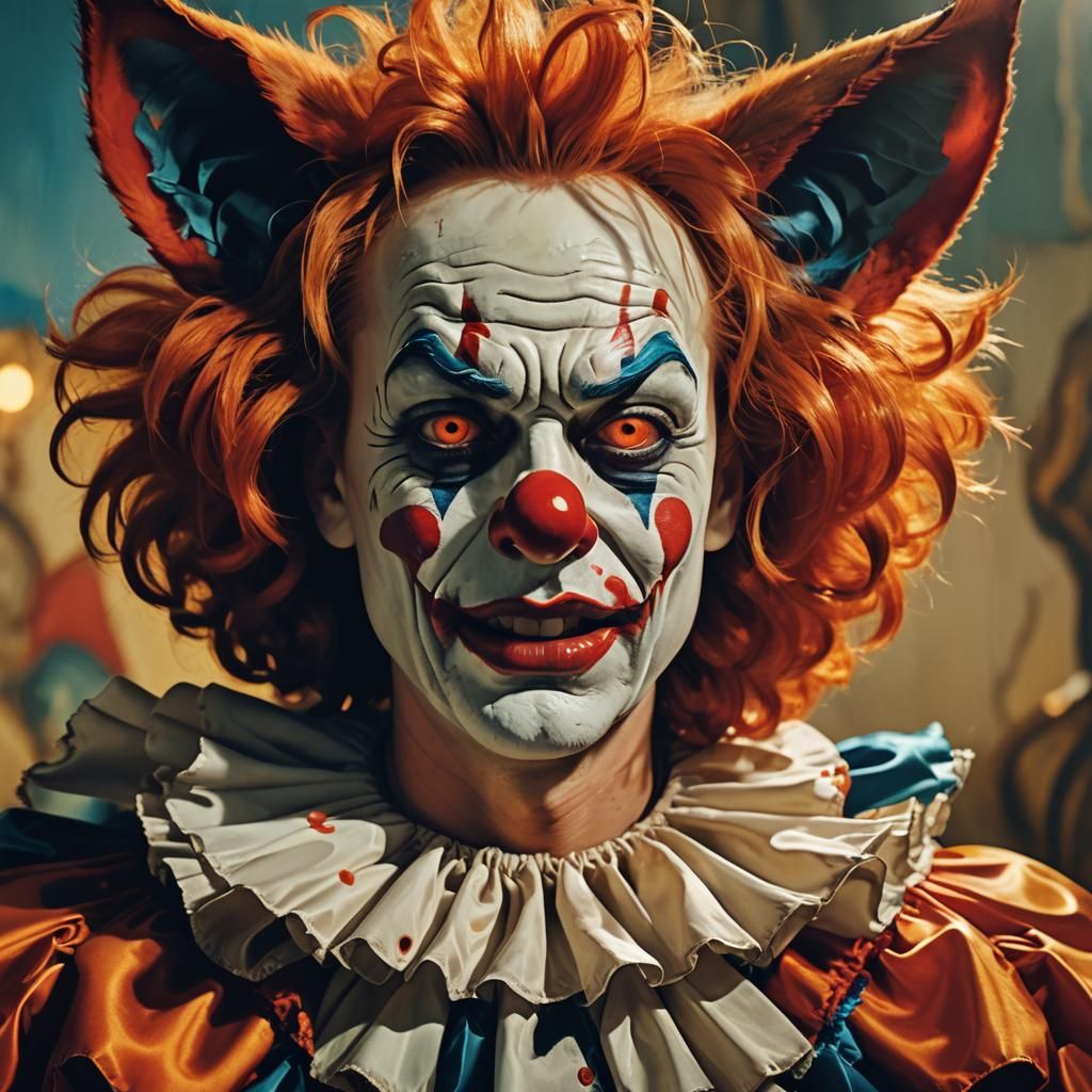 Surreal Clown with Cat Ears Crying in Dreamlike Oil Painting