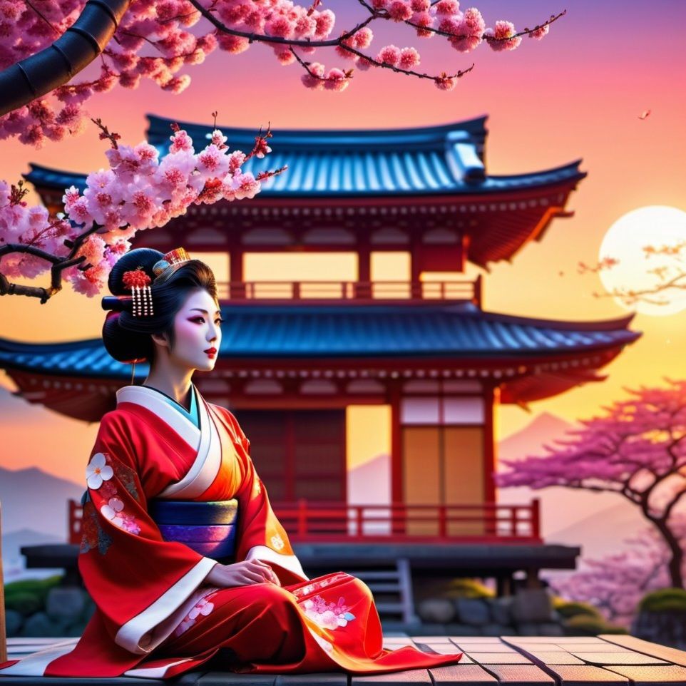Geisha and sunset
