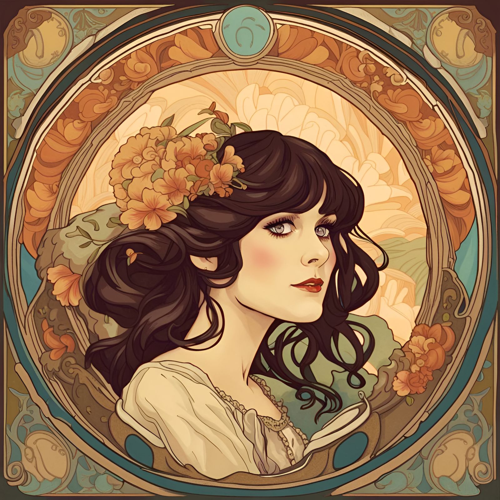 Zooey Deschanel in the style of Alphonse Mucha - AI Generated Artwork ...