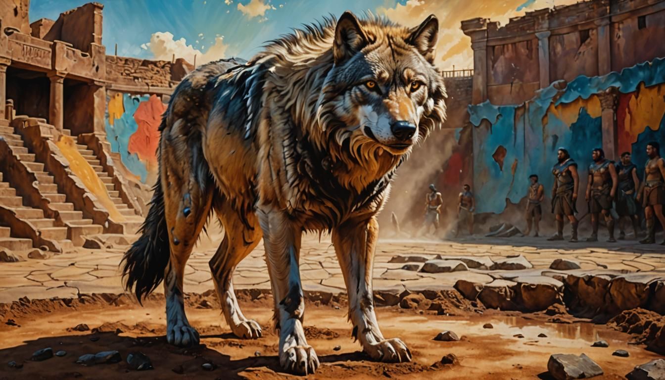 Wolf Gladiator in Surreal Oil Painting Style