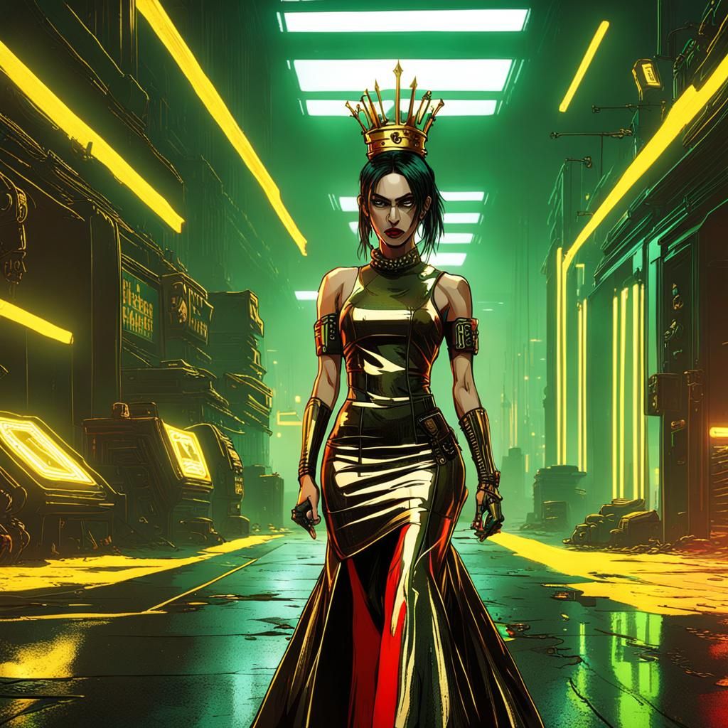 full body goth latina woman with Green eyes wearing a gold c...